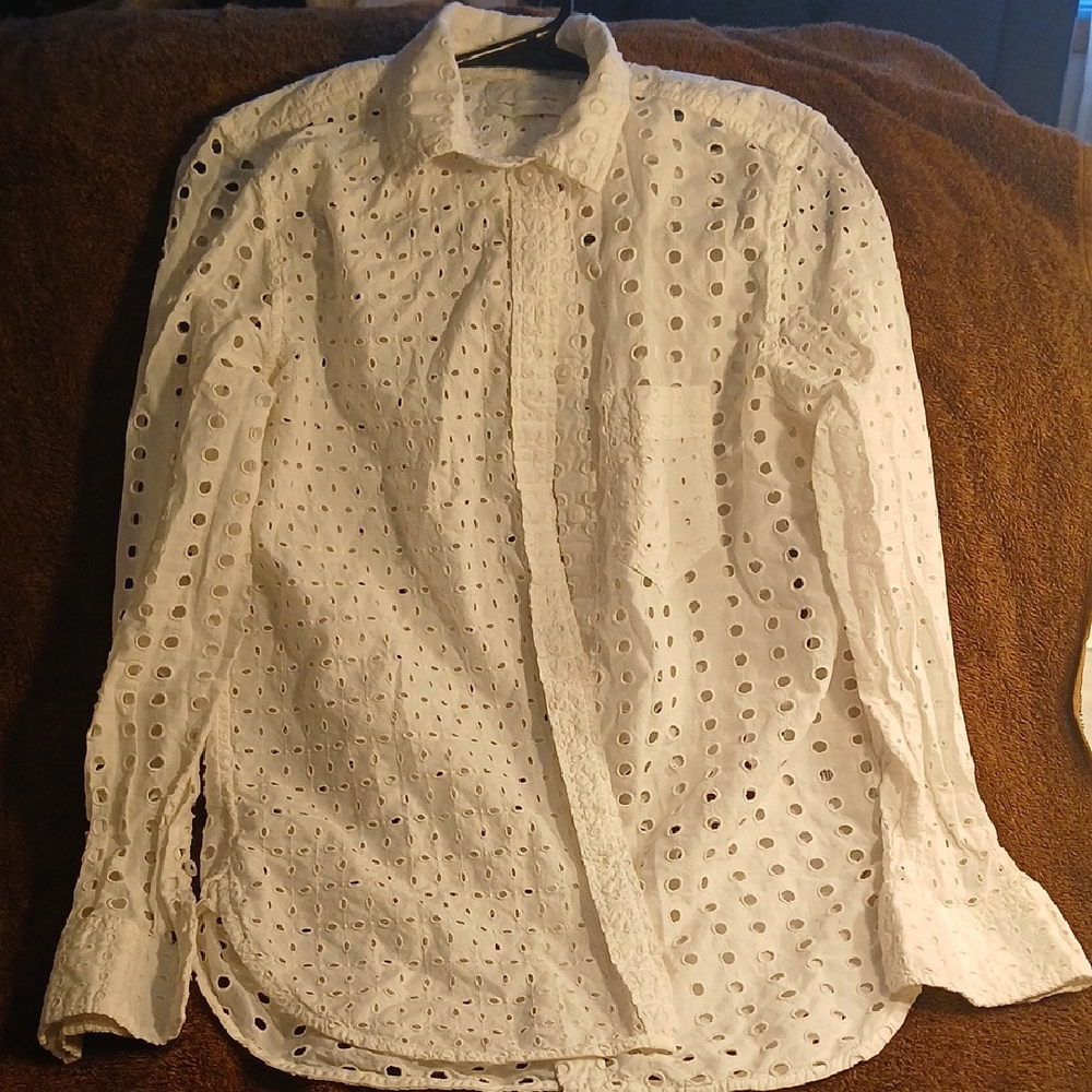 J. Crew White Casual Button Down Shirt with Eyelet Detailing